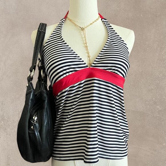 Nautica Y2K 2000s Black and White Striped Halter Tankini - Picture 1 of 5